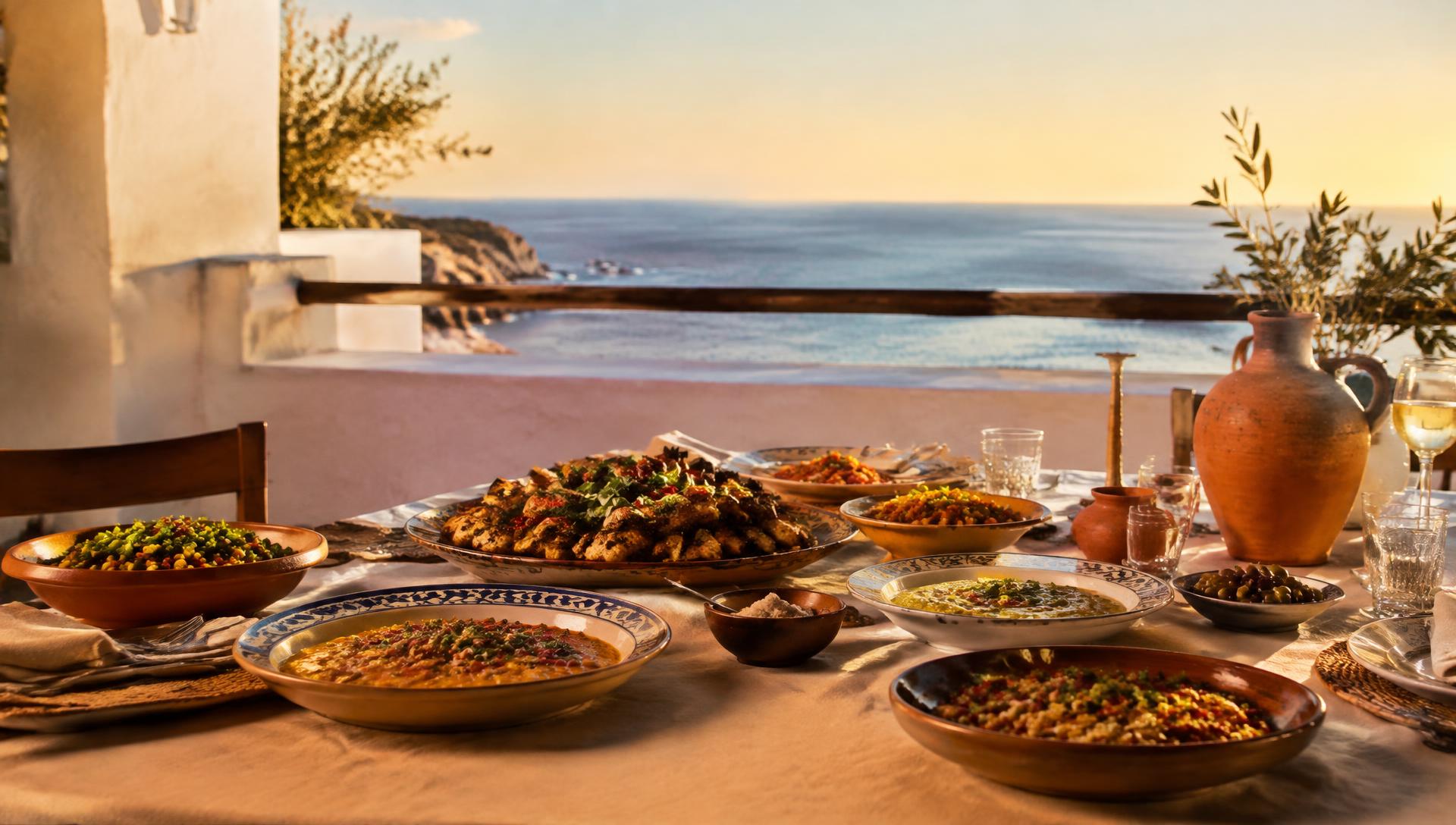 Illustrative image: a table of shared dishes on a terrace overlooking the Algarve sea